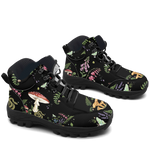 Digitalis Hiking Boots — chanterelle mushroom and fern forest floor print on black, 3/4 view