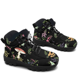 Digitalis Hiking Boots — chanterelle mushroom and fern forest floor print on black, 3/4 view