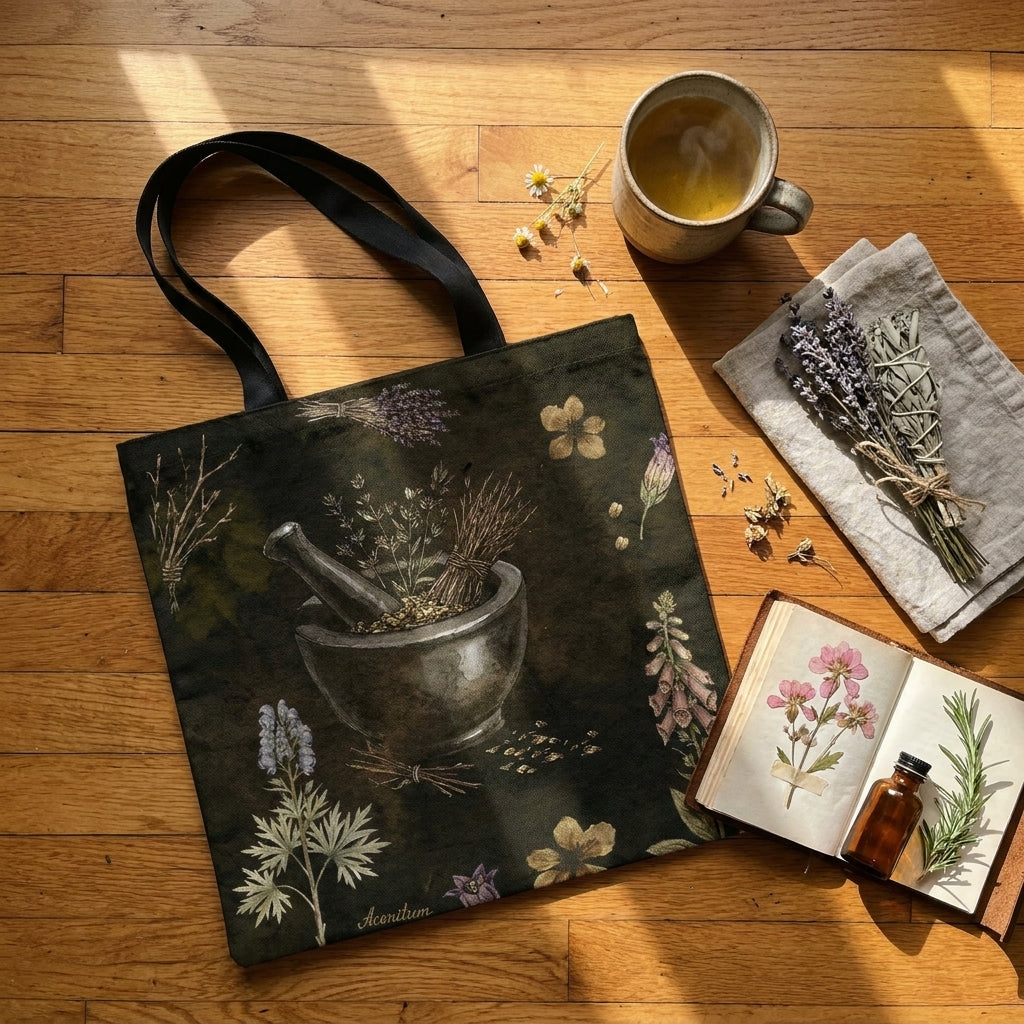 Belladonna Tote Bag on wood floor with herbal tea, dried lavender, and herbarium journal