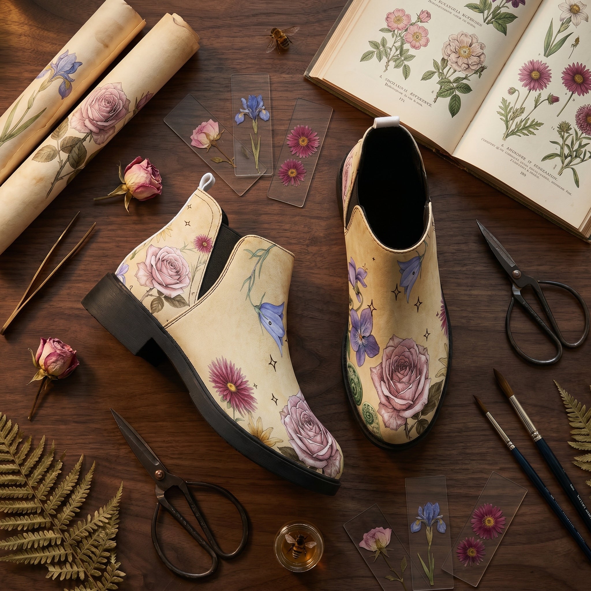 Herbarium Chelsea Boots - Victorian botanical flat lay with pressed flowers parchment scissors