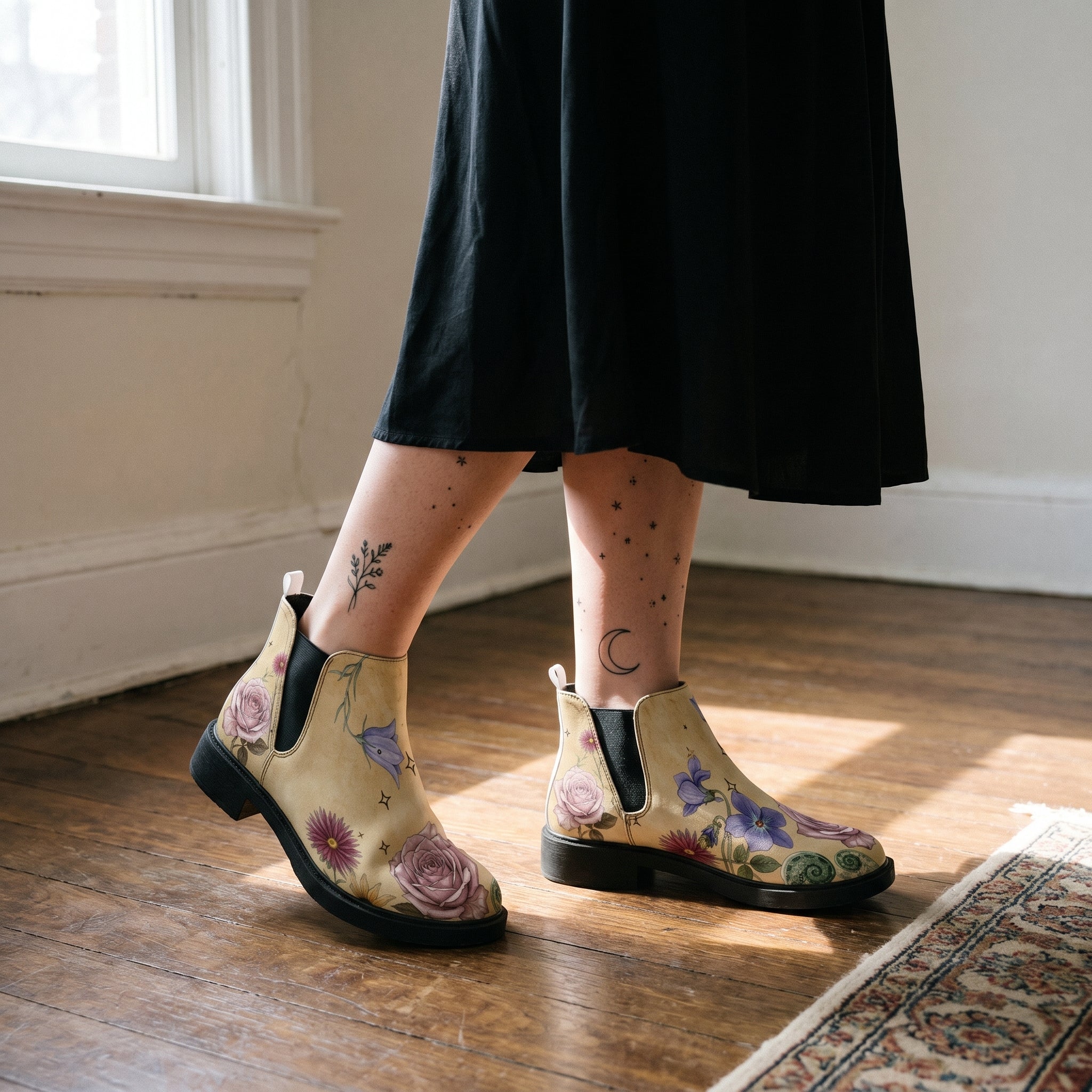 Herbarium Chelsea Boots worn with black skirt indoor lifestyle