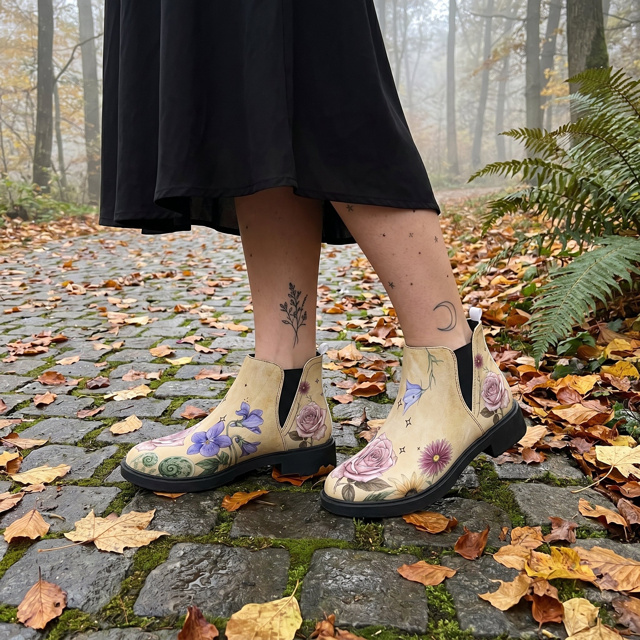 Herbarium Chelsea Boots on cobblestone autumn forest path