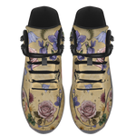 Herbarium Hiking Boots — rose and violet botanical print on antique gold, top view