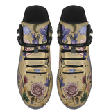 Herbarium Hiking Boots — rose and violet botanical print on antique gold, top view