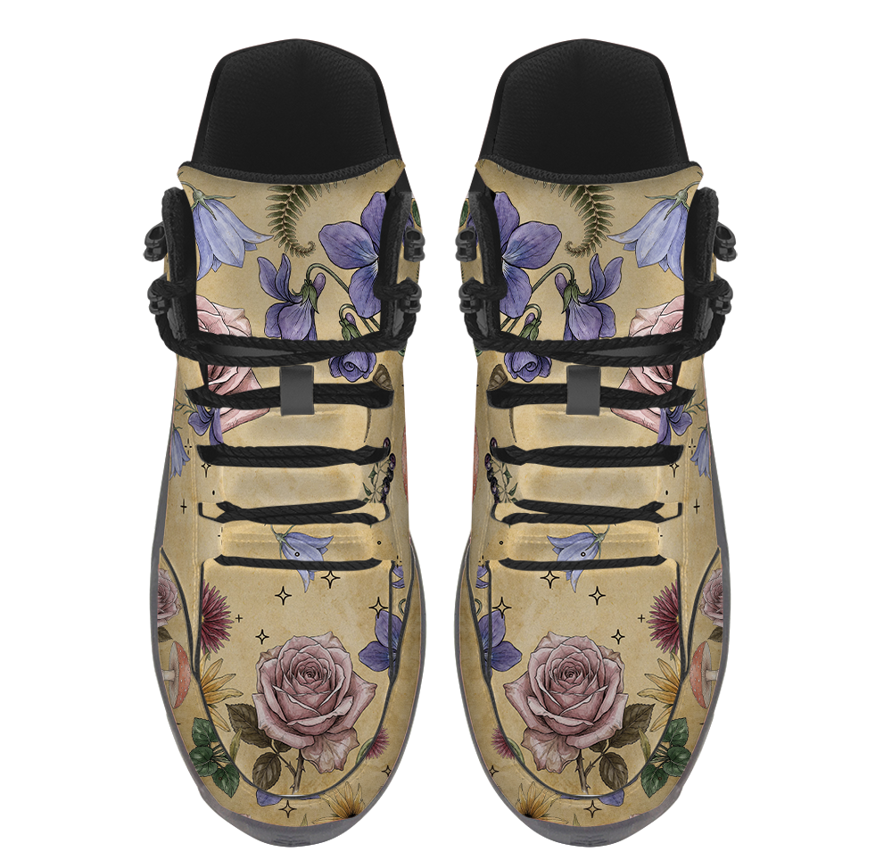 Herbarium Hiking Boots — rose and violet botanical print on antique gold, top view