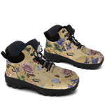 Herbarium Hiking Boots — rose and violet botanical print on antique gold, 3/4 view