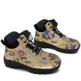 Herbarium Hiking Boots — rose and violet botanical print on antique gold, 3/4 view