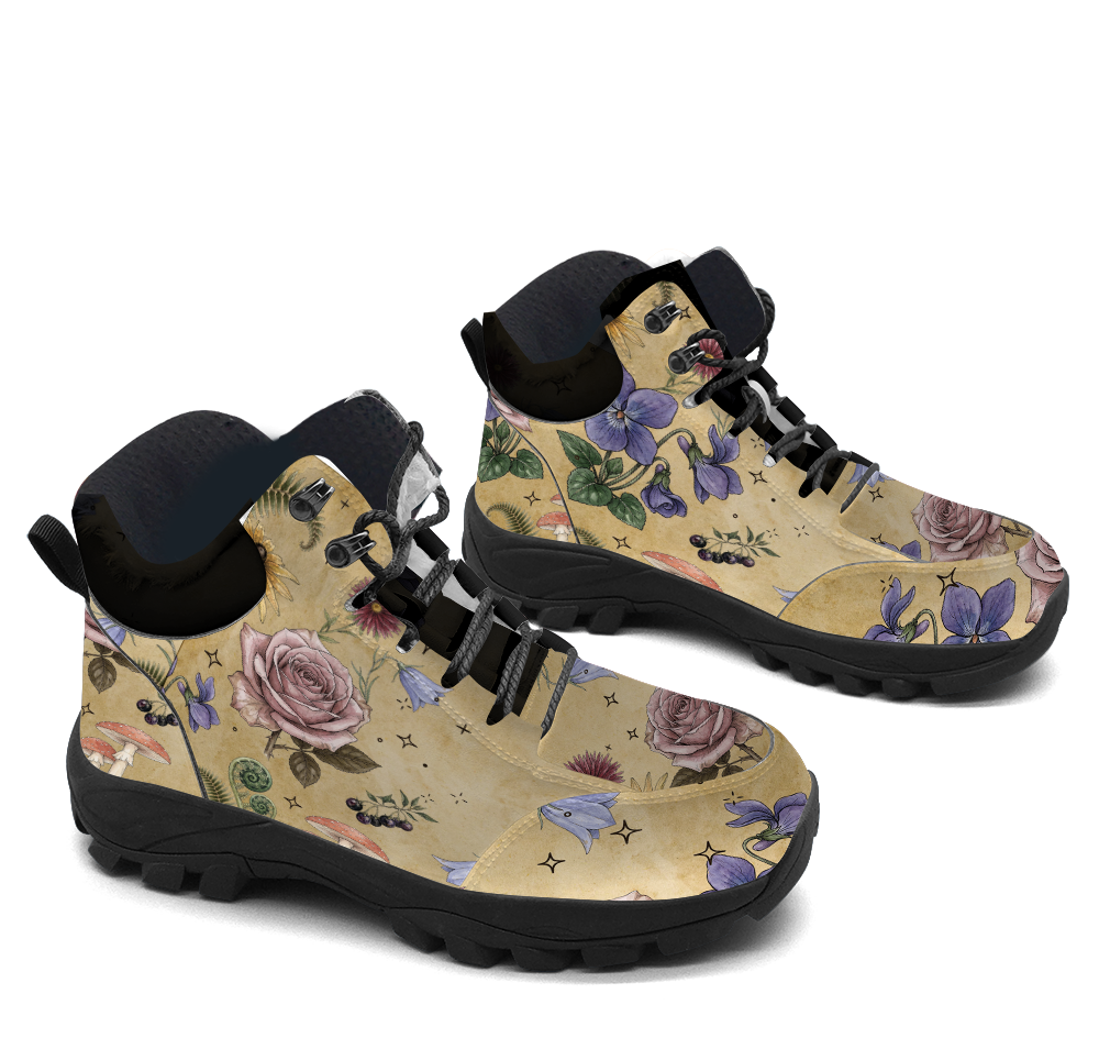 Herbarium Hiking Boots — rose and violet botanical print on antique gold, 3/4 view