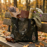 Belladonna Tote Bag on a park bench filled with dried herbs, journal and wildflowers