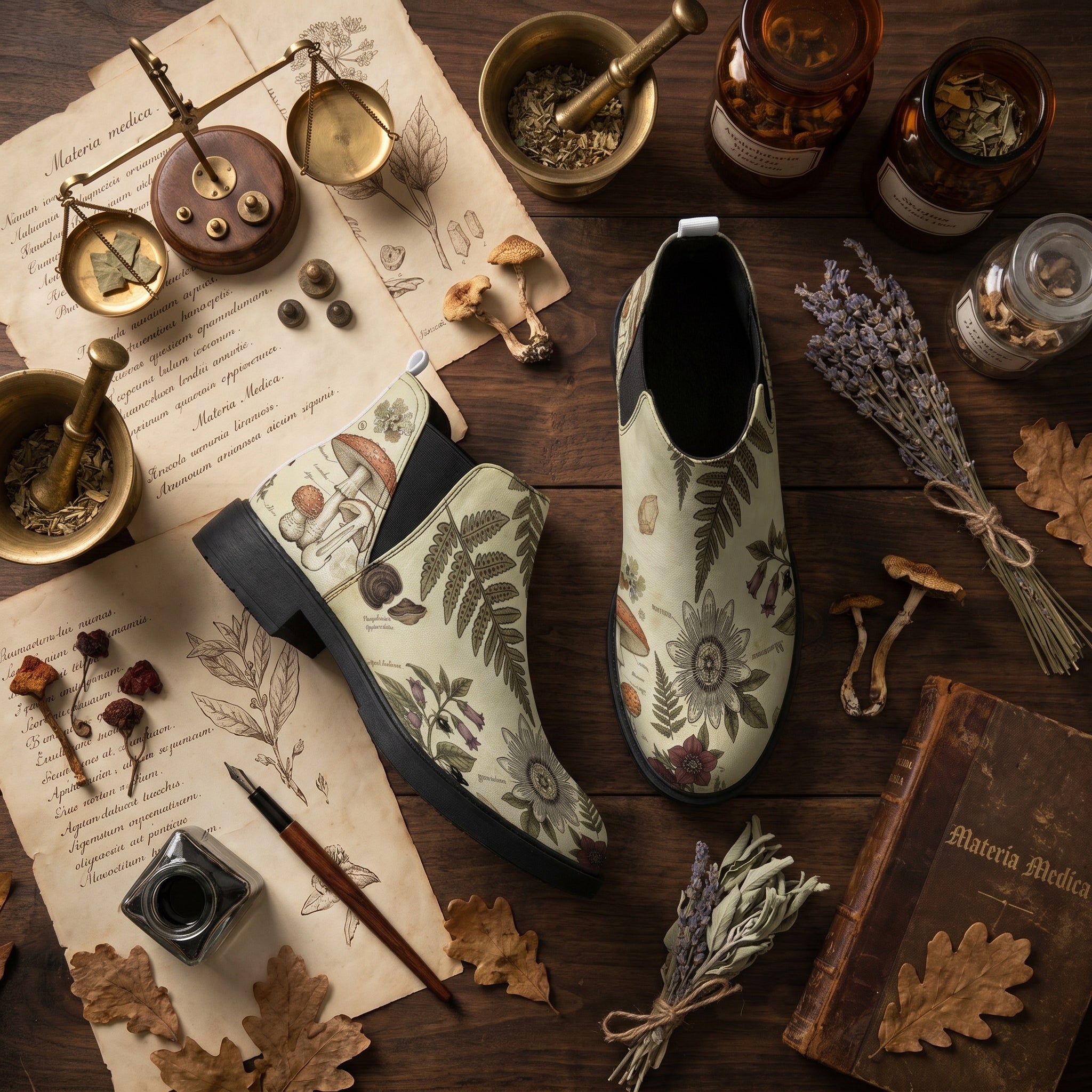 Materia Medica Chelsea Boots - 19th century herbal medicine flat lay with brass scale apothecary jars