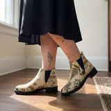 Materia Medica Chelsea Boots worn with black skirt indoor lifestyle