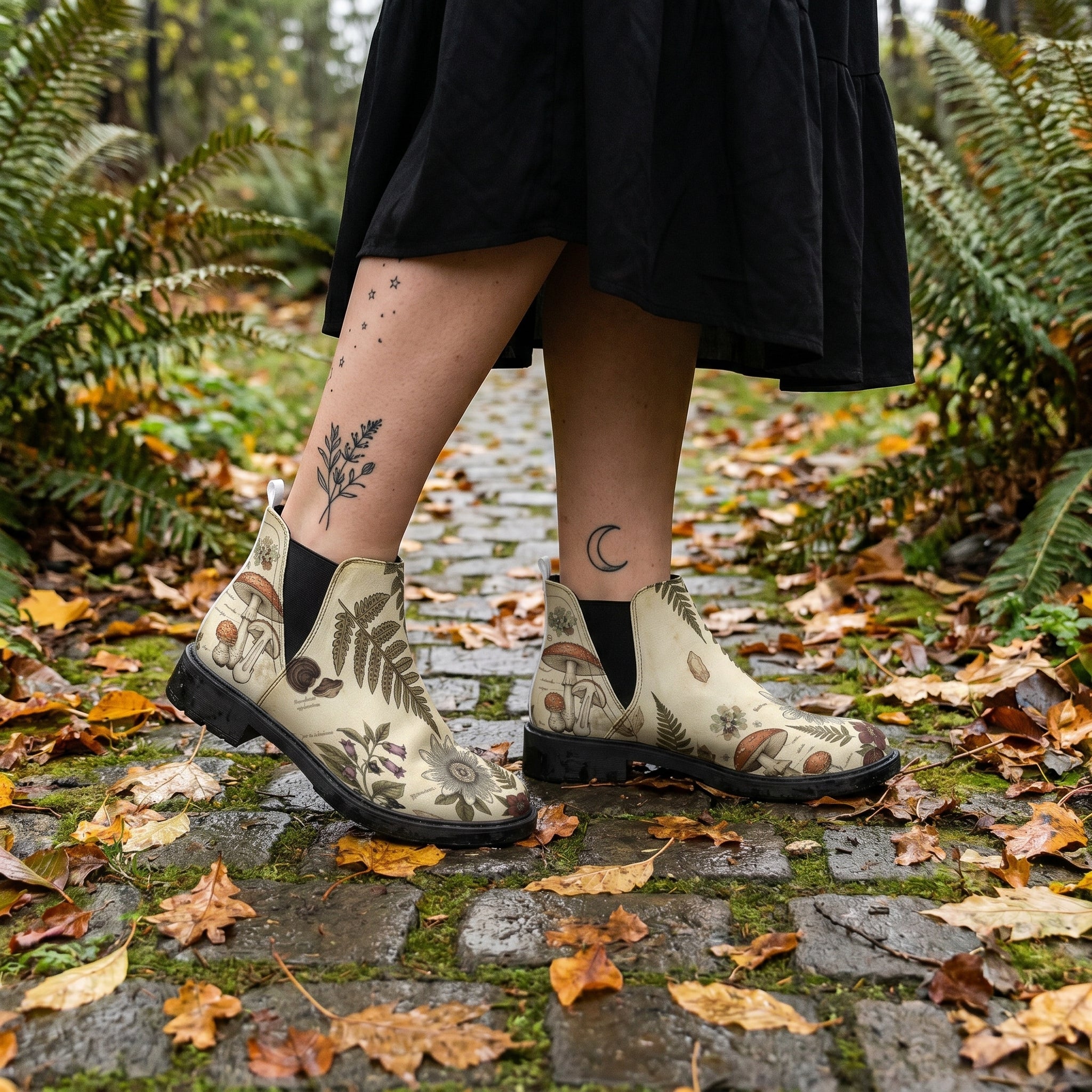 Materia Medica Chelsea Boots on cobblestone autumn forest path