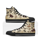 Materia Medica High Tops — vintage apothecary encyclopedia plates on aged parchment with passionflowers, amanita mushrooms, hellebores, death's-head moth, and sepia Latin annotations — black sole pair