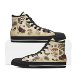 Materia Medica High Tops — vintage apothecary encyclopedia plates on aged parchment with passionflowers, amanita mushrooms, hellebores, death's-head moth, and sepia Latin annotations — black sole pair
