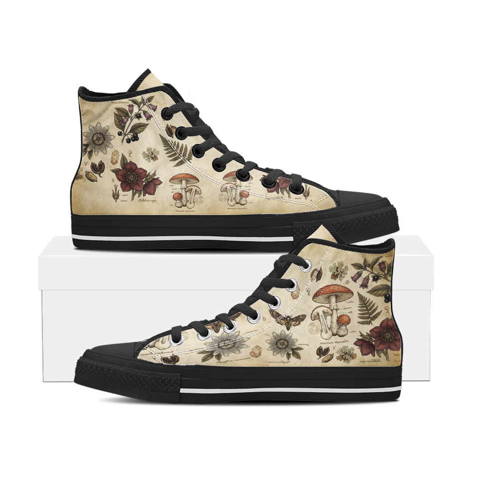 Materia Medica High Tops — vintage apothecary encyclopedia plates on aged parchment with passionflowers, amanita mushrooms, hellebores, death's-head moth, and sepia Latin annotations — black sole pair