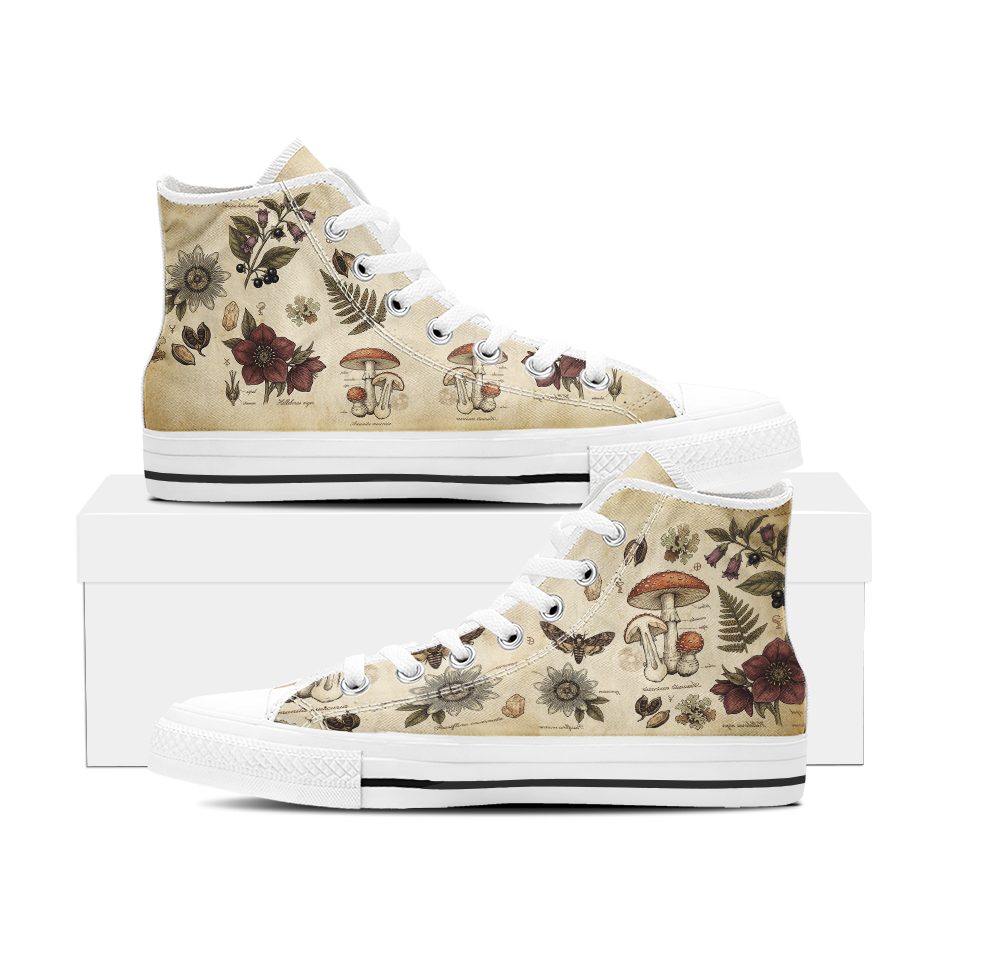 Materia Medica High Tops — vintage apothecary encyclopedia plates on aged parchment with passionflowers, amanita mushrooms, hellebores, death's-head moth, and sepia Latin annotations — white sole pair