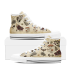 Materia Medica High Tops — vintage apothecary encyclopedia plates on aged parchment with passionflowers, amanita mushrooms, hellebores, death's-head moth, and sepia Latin annotations — white sole pair