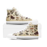 Materia Medica High Tops — vintage apothecary encyclopedia plates on aged parchment with passionflowers, amanita mushrooms, hellebores, death's-head moth, and sepia Latin annotations — white sole pair