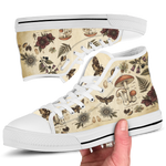 Materia Medica High Tops — vintage apothecary encyclopedia plates on aged parchment with passionflowers, amanita mushrooms, hellebores, death's-head moth, and sepia Latin annotations — white sole detail