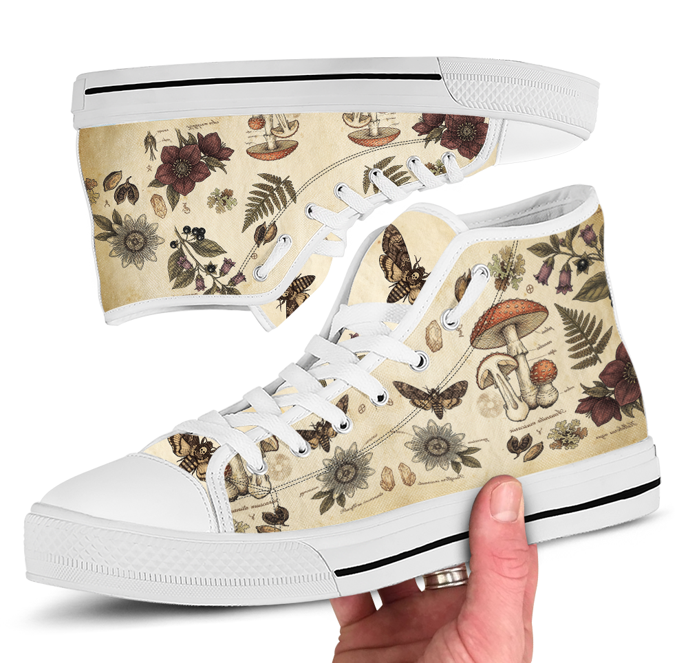 Materia Medica High Tops — vintage apothecary encyclopedia plates on aged parchment with passionflowers, amanita mushrooms, hellebores, death's-head moth, and sepia Latin annotations — white sole detail