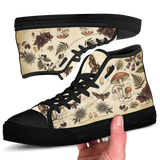 Materia Medica High Tops — vintage apothecary encyclopedia plates on aged parchment with passionflowers, amanita mushrooms, hellebores, death's-head moth, and sepia Latin annotations — black sole detail