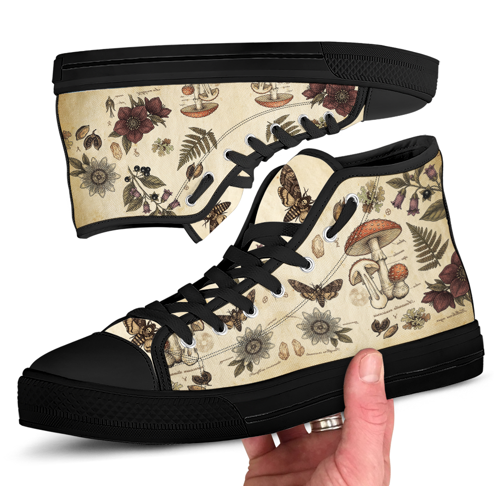 Materia Medica High Tops — vintage apothecary encyclopedia plates on aged parchment with passionflowers, amanita mushrooms, hellebores, death's-head moth, and sepia Latin annotations — black sole detail