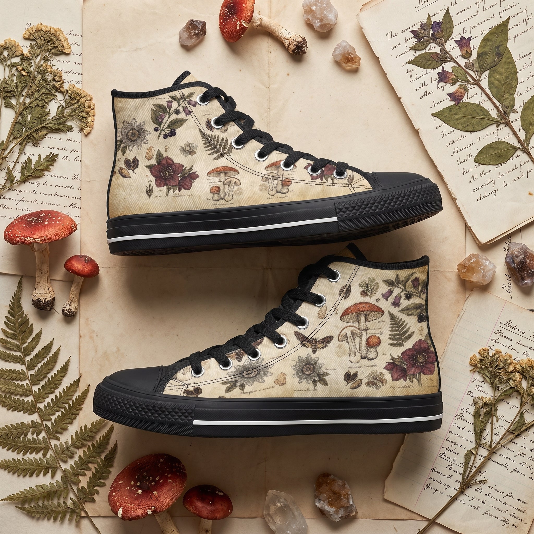 Materia Medica High Tops — vintage apothecary encyclopedia plates on aged parchment with passionflowers, amanita mushrooms, hellebores, death's-head moth, and sepia Latin annotations — flat lay with candle and dried roses