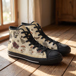 Materia Medica High Tops — vintage apothecary encyclopedia plates on aged parchment with passionflowers, amanita mushrooms, hellebores, death's-head moth, and sepia Latin annotations — on wood floor