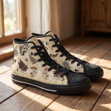 Materia Medica High Tops — vintage apothecary encyclopedia plates on aged parchment with passionflowers, amanita mushrooms, hellebores, death's-head moth, and sepia Latin annotations — on wood floor