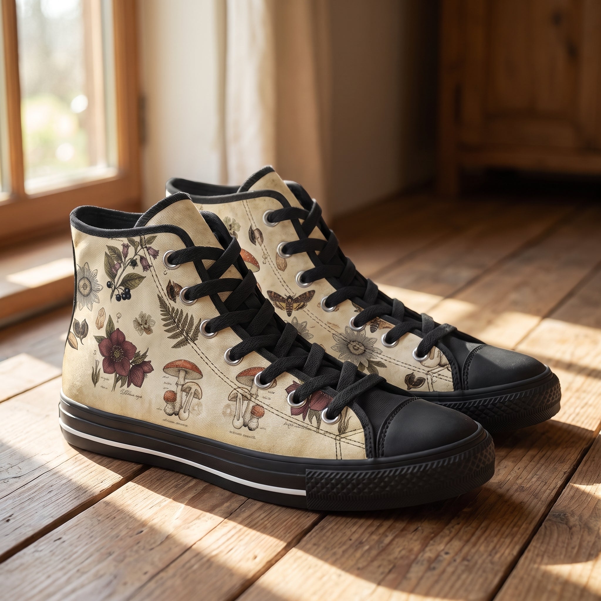 Materia Medica High Tops — vintage apothecary encyclopedia plates on aged parchment with passionflowers, amanita mushrooms, hellebores, death's-head moth, and sepia Latin annotations — on wood floor