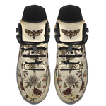 Materia Medica Hiking Boots — death's-head moth and specimen plate print on aged parchment, top view