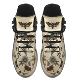 Materia Medica Hiking Boots — death's-head moth and specimen plate print on aged parchment, top view