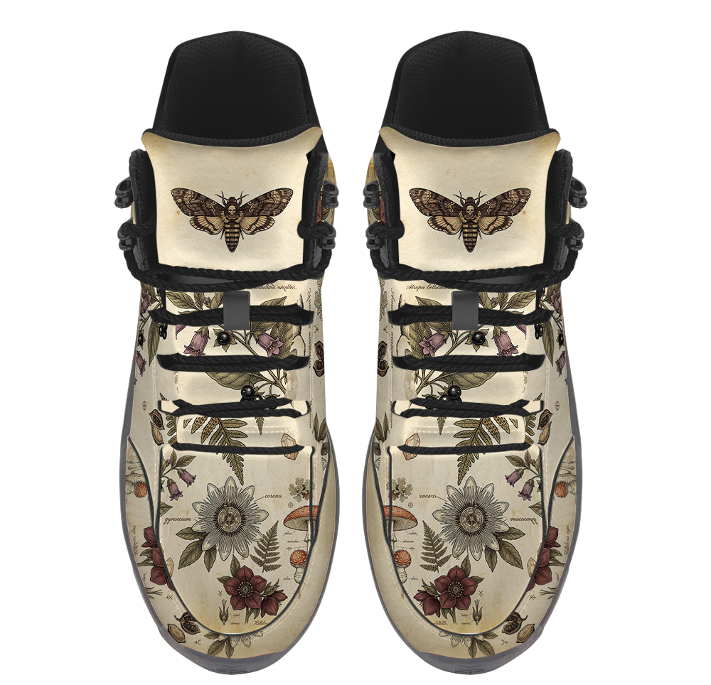Materia Medica Hiking Boots — death's-head moth and specimen plate print on aged parchment, top view