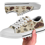 Materia Medica Low Tops - vintage apothecary botanical plates on parchment tan featuring passionflowers, mushrooms, ferns, and dark red blooms