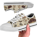 Materia Medica Low Tops - vintage apothecary botanical plates on parchment tan featuring passionflowers, mushrooms, ferns, and dark red blooms