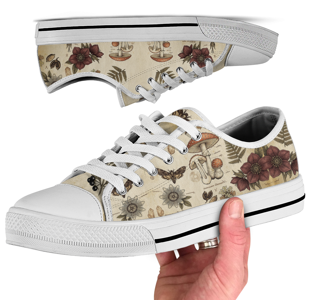 Materia Medica Low Tops - vintage apothecary botanical plates on parchment tan featuring passionflowers, mushrooms, ferns, and dark red blooms