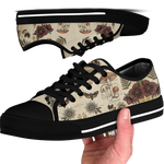 Materia Medica Low Tops - vintage apothecary botanical plates on parchment tan featuring passionflowers, mushrooms, ferns, and dark red blooms