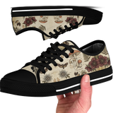 Materia Medica Low Tops - vintage apothecary botanical plates on parchment tan featuring passionflowers, mushrooms, ferns, and dark red blooms