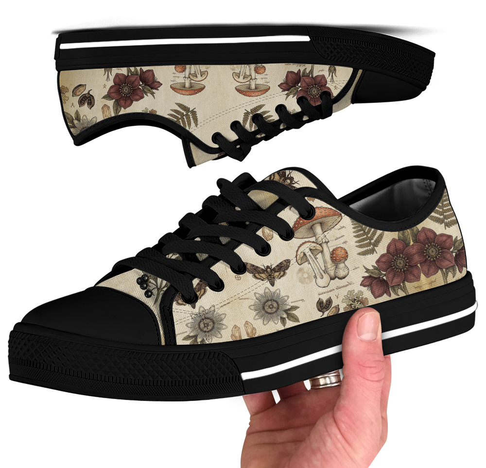 Materia Medica Low Tops - vintage apothecary botanical plates on parchment tan featuring passionflowers, mushrooms, ferns, and dark red blooms
