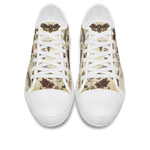 Materia Medica Low Tops - vintage apothecary botanical plates on parchment tan featuring passionflowers, mushrooms, ferns, and dark red blooms