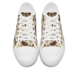 Materia Medica Low Tops - vintage apothecary botanical plates on parchment tan featuring passionflowers, mushrooms, ferns, and dark red blooms