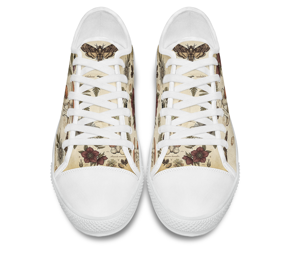 Materia Medica Low Tops - vintage apothecary botanical plates on parchment tan featuring passionflowers, mushrooms, ferns, and dark red blooms