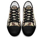 Materia Medica Low Tops - vintage apothecary botanical plates on parchment tan featuring passionflowers, mushrooms, ferns, and dark red blooms