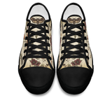 Materia Medica Low Tops - vintage apothecary botanical plates on parchment tan featuring passionflowers, mushrooms, ferns, and dark red blooms