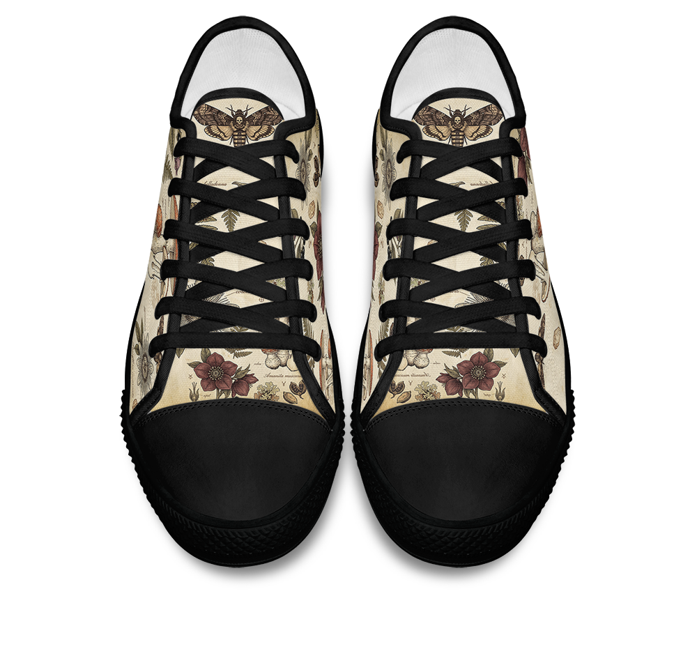 Materia Medica Low Tops - vintage apothecary botanical plates on parchment tan featuring passionflowers, mushrooms, ferns, and dark red blooms