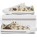 Materia Medica Low Tops - vintage apothecary botanical plates on parchment tan featuring passionflowers, mushrooms, ferns, and dark red blooms