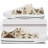 Materia Medica Low Tops - vintage apothecary botanical plates on parchment tan featuring passionflowers, mushrooms, ferns, and dark red blooms