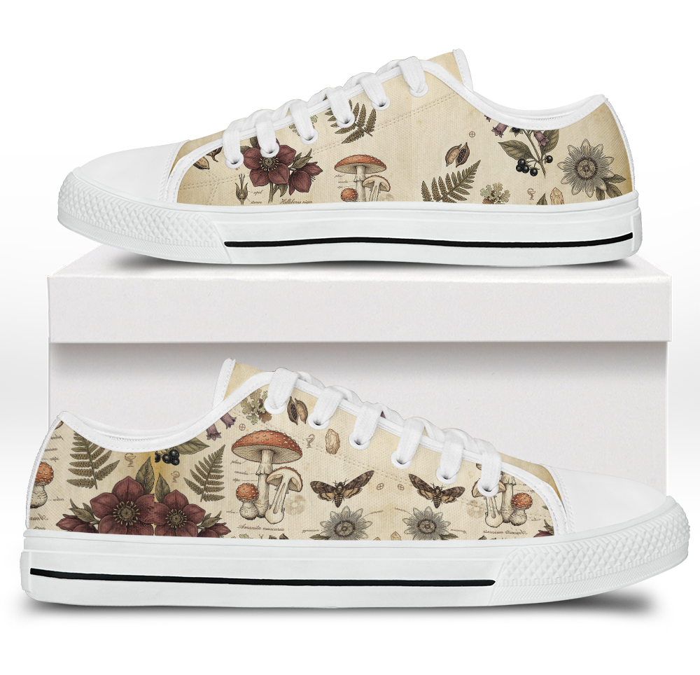 Materia Medica Low Tops - vintage apothecary botanical plates on parchment tan featuring passionflowers, mushrooms, ferns, and dark red blooms