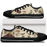 Materia Medica Low Tops - vintage apothecary botanical plates on parchment tan featuring passionflowers, mushrooms, ferns, and dark red blooms