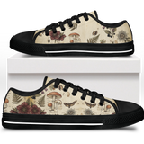 Materia Medica Low Tops - vintage apothecary botanical plates on parchment tan featuring passionflowers, mushrooms, ferns, and dark red blooms